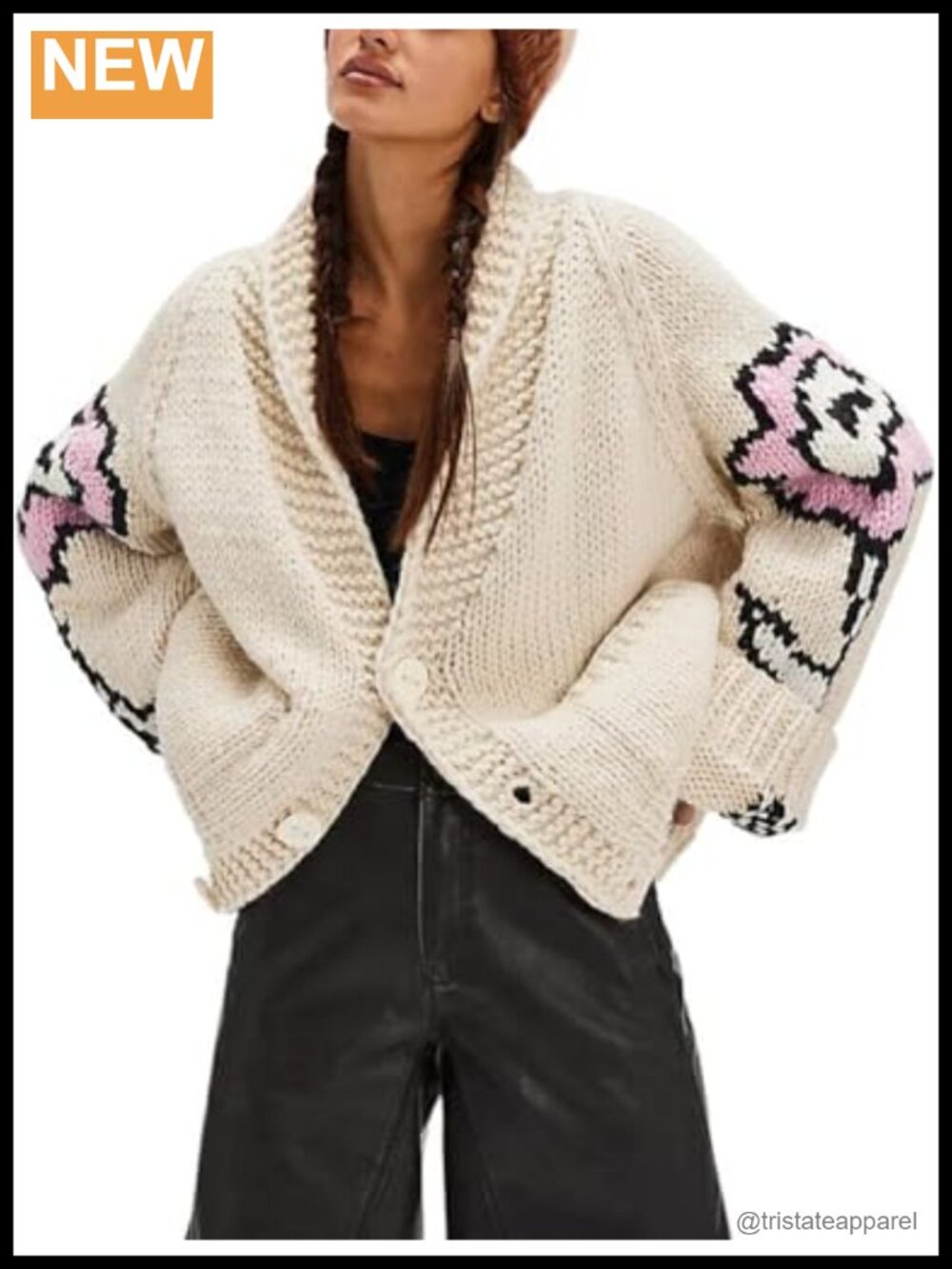 Oversized Floral Sleeve Chunky Knit Cardigan Women Coatigan Long Sleeve V-Neck